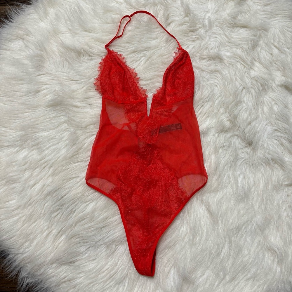 Victoria’s Secret Sexy Red Lace Thong Body Suit NWOT size XS Valentine’s Day